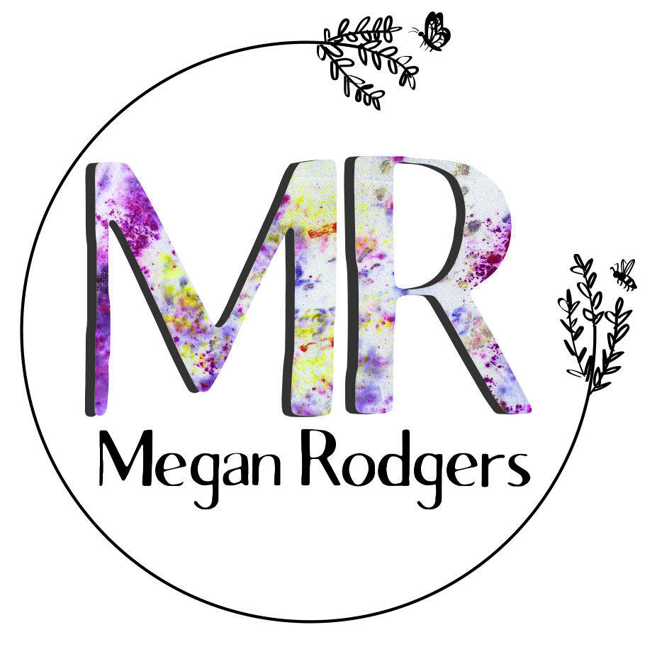 Megan Rodgers logo: 'MR' centered in an incomplete circle, with greenery growing out of the circle's broken ends, and a bee and butterfly visiting each.