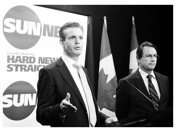 When Kory Teneycke (l) was Communications Director fo the PM they lunched with Fox News President Rupert Murdoch. Four months later he left his position to lead Quebecor Media's attempt to rewrite CRTC rules to start a "Fox News North".
