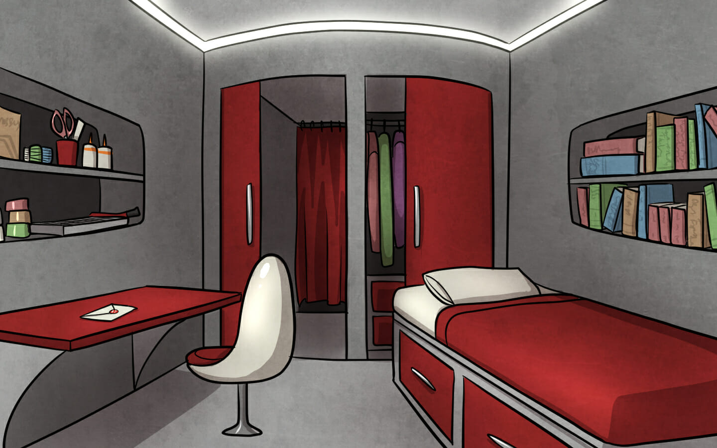 Timaeus's room. A small envelope sits on his desk.