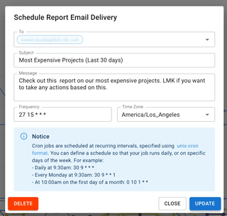 A screenshot showing the Schedule Report Email Delivery dialog