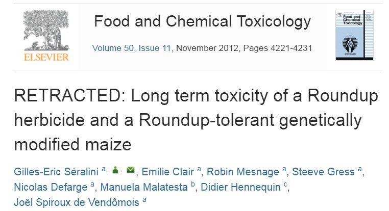 1. kép: Séralini et al. (2012) tanulmánya visszavonva (RETRACTED). A cikk továbbra is elérhető, viszont egy vízjelet raktak a szövegbe „visszavonva” szöveggel.