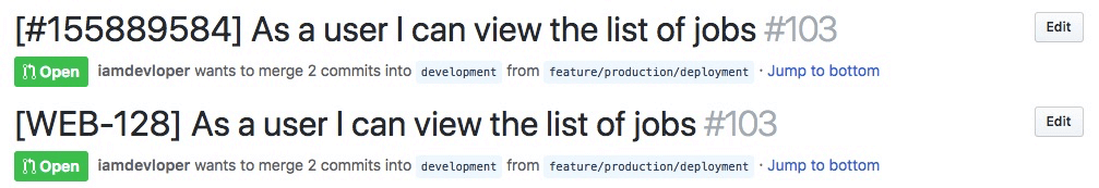 Depending on the issue tracker you use, the user story ID might differ. Above: a user story ID from [Pivotal Tracker](https://www.pivotaltracker.com/). Bottom: a user story ID from [JIRA](https://www.atlassian.com/software/jira).