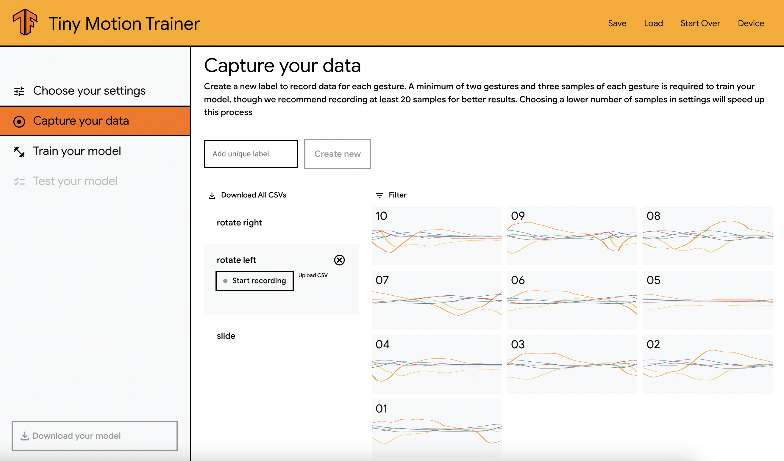 screenshot of the Tiny motion trainer UI showing the motion data visualizations