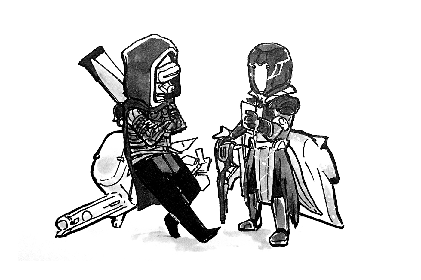 Cartoony hunter and warlock looking up directions on their phone.