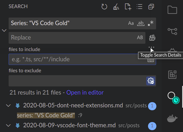 replace button in the search panel in sidebar in vs code