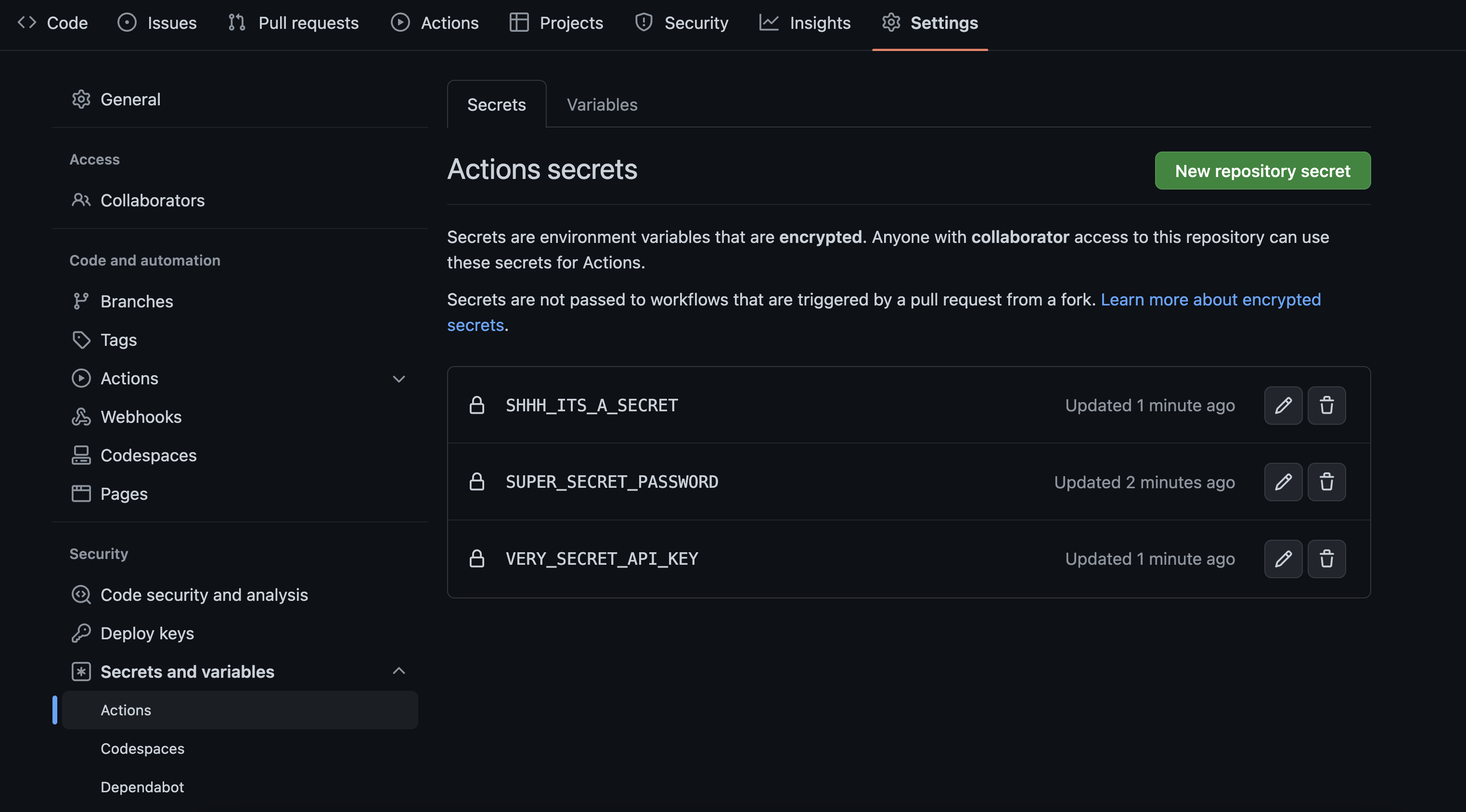 GitHub Actions secret store
