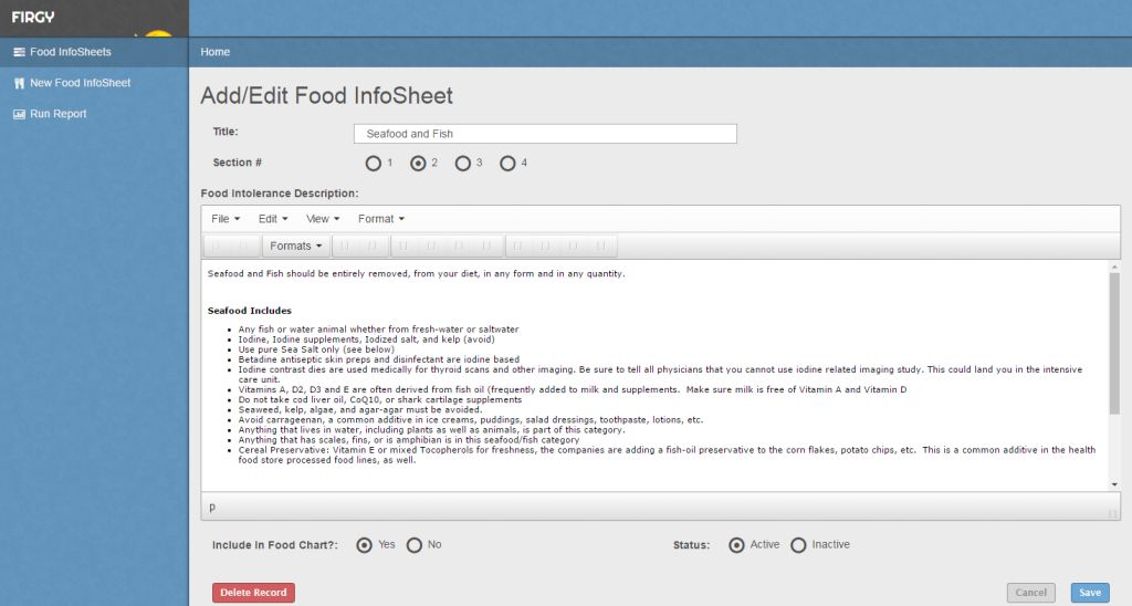 The form for the user to add or edit Food Intolerance sheets in the database