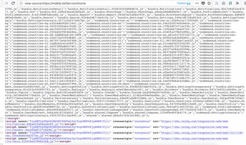 The page source of Mobile Twitter consisting mainly of javascript