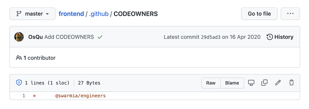 Example of a CODEOWNERS file from Swarmia's frontend repository telling GitHub to notify @swarmia/engineers team whenever a new PR is opened