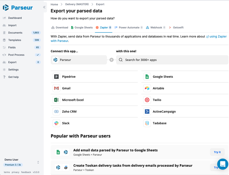 New zapier export screen