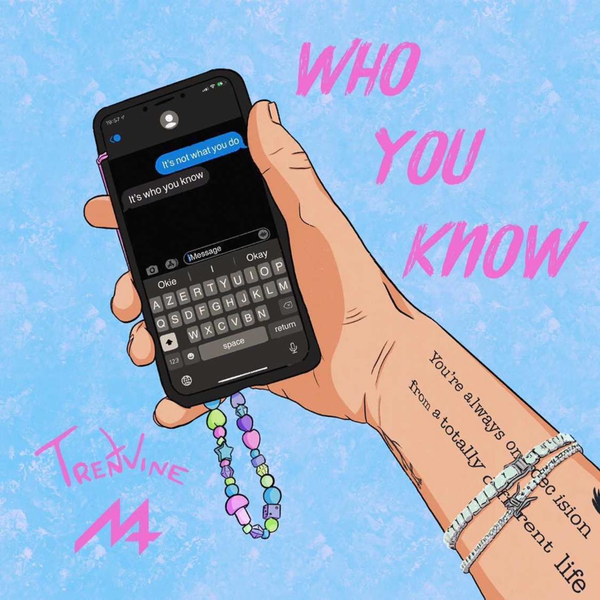 Album art with a cartoon hand holding a phone, displaying messages.