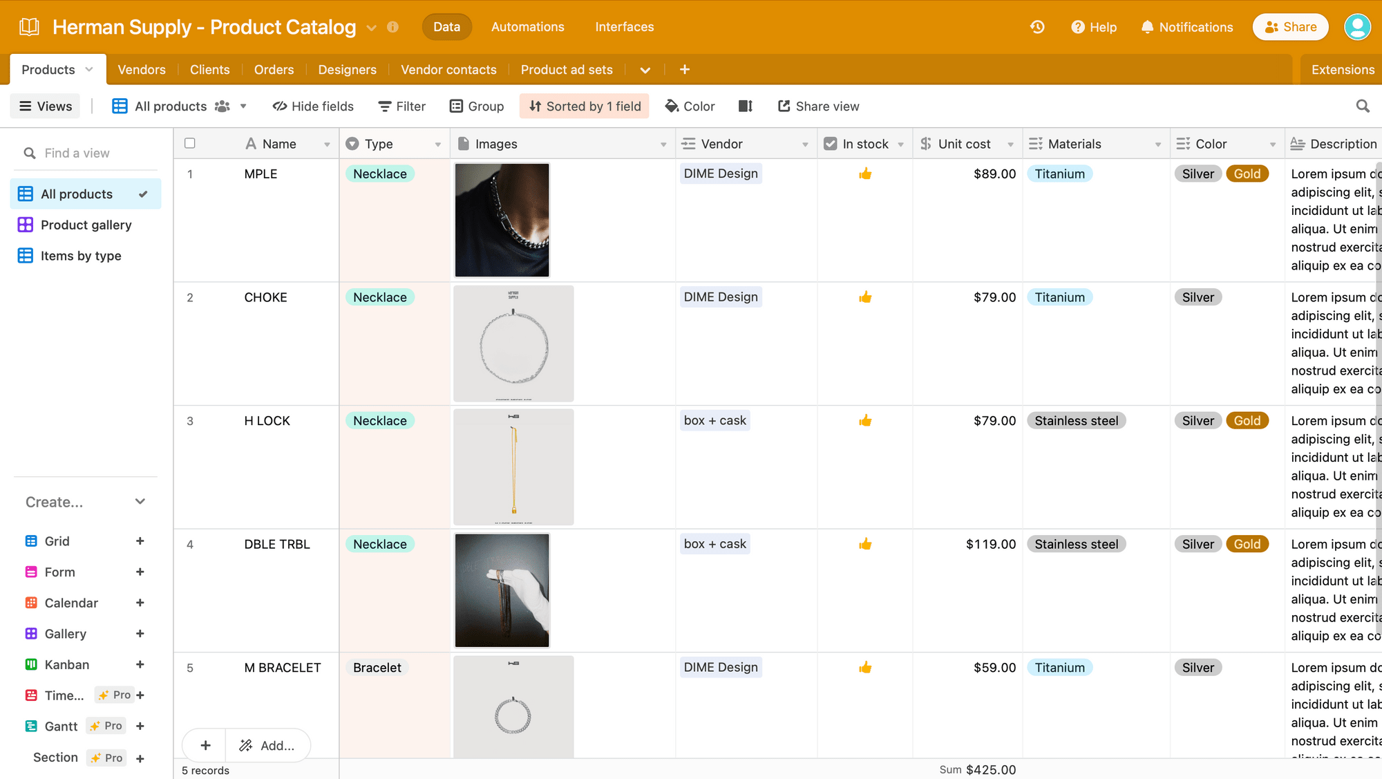 Screenshot of Airtable products table