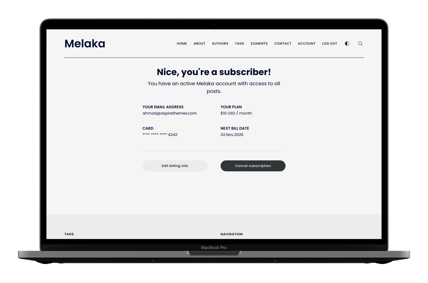 Melaka Ghost CMS Theme Account Page