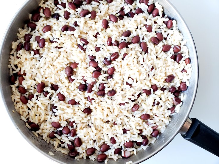 Coconut Jasmine Rice with Black Beans in Frying Pan
