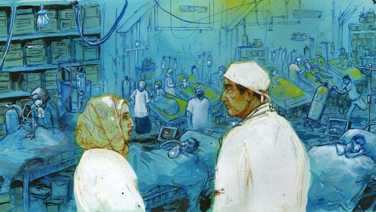 A nurse and a physician, wearing serious expressions, look at each other against the background of a chaotic scene in a makeshift hospital. Some patients wear oxygen masks, others are being treated with injections.