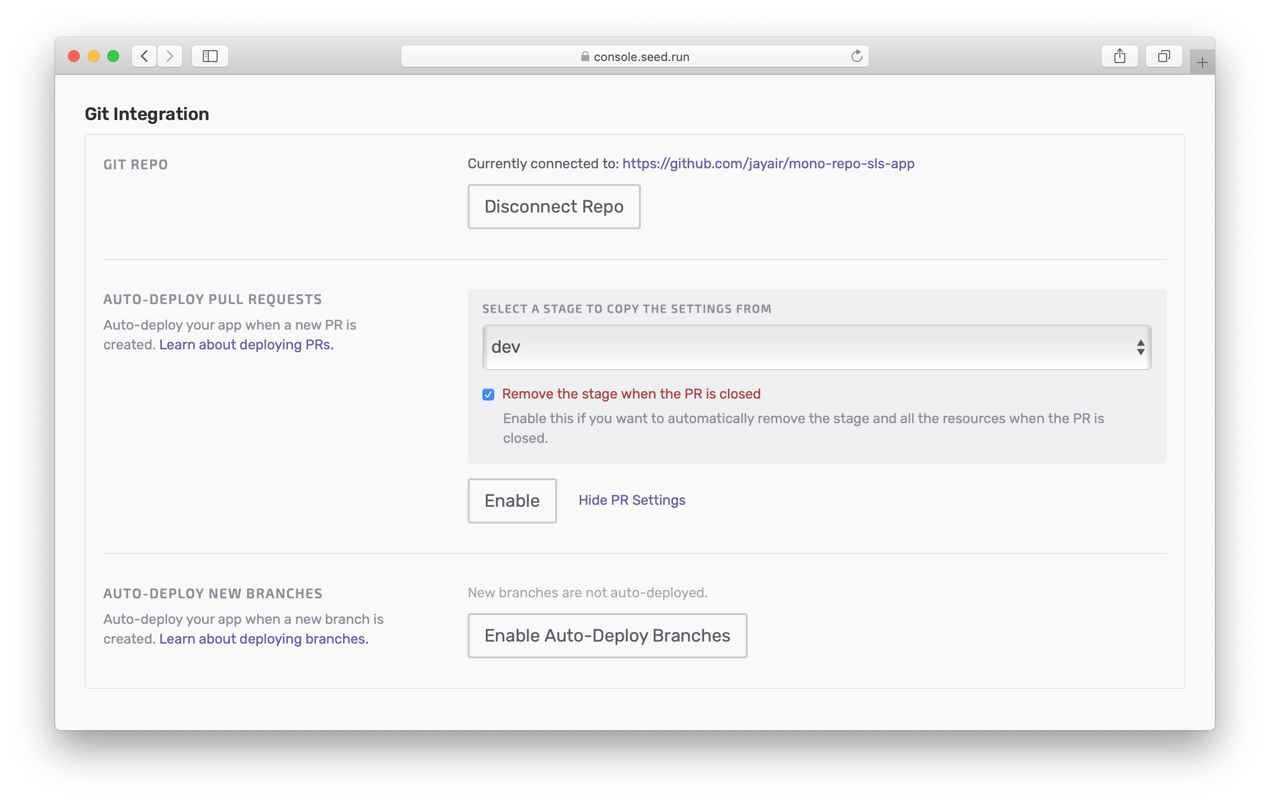 Auto-deploy pull request options