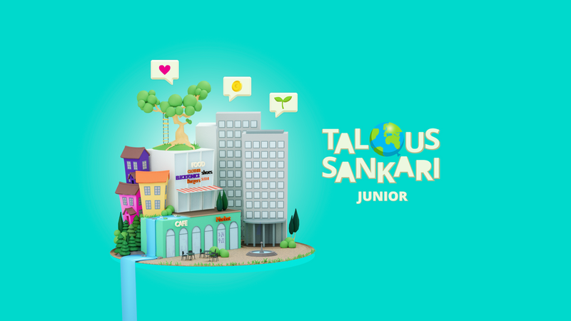 Taloussankari Junior -pelin logo sekä pelin pienoismallikaupunkikuva.