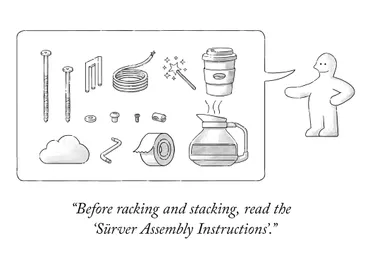 A cartoon-style illustration of an IKEA style furniure diagram. The caption reads: Before Racking and Stacking, read the sürver assembly instructions.
