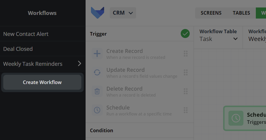 Create Workflow button in sidebar