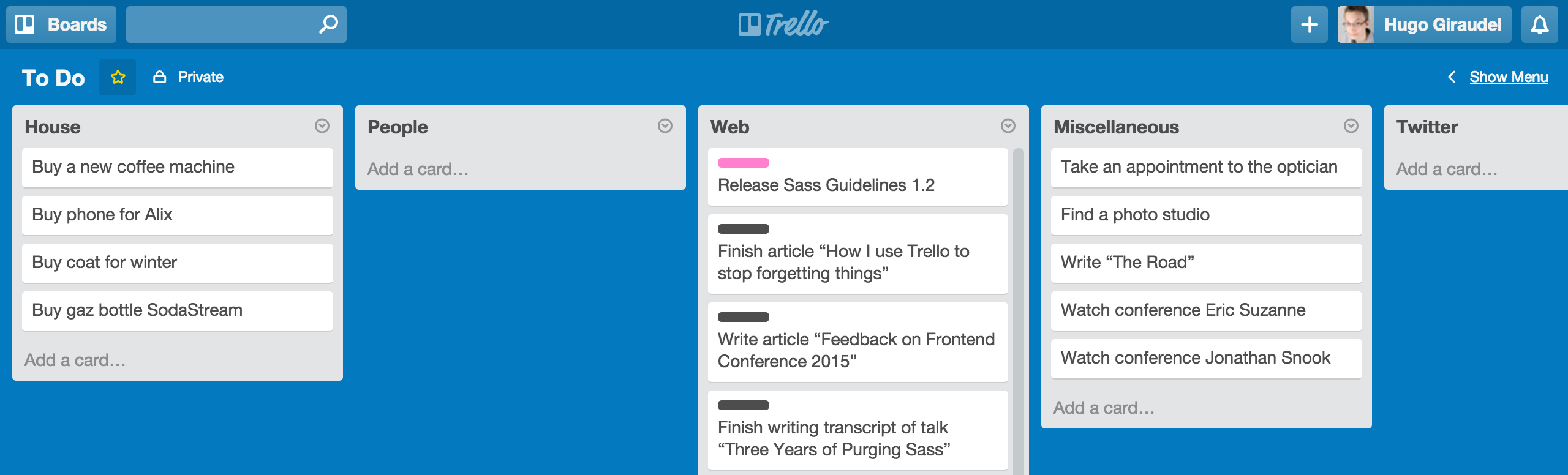 An overview of my Trello board