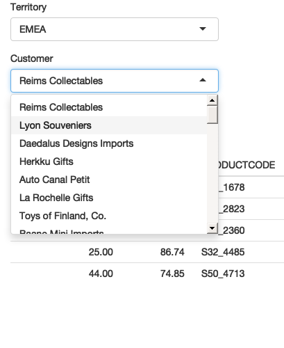 I select "EMEA" (left), then "Lyon Souveniers" (middle), then (right) look at the orders. See live at <https://hadley.shinyapps.io/ms-update-nested>.