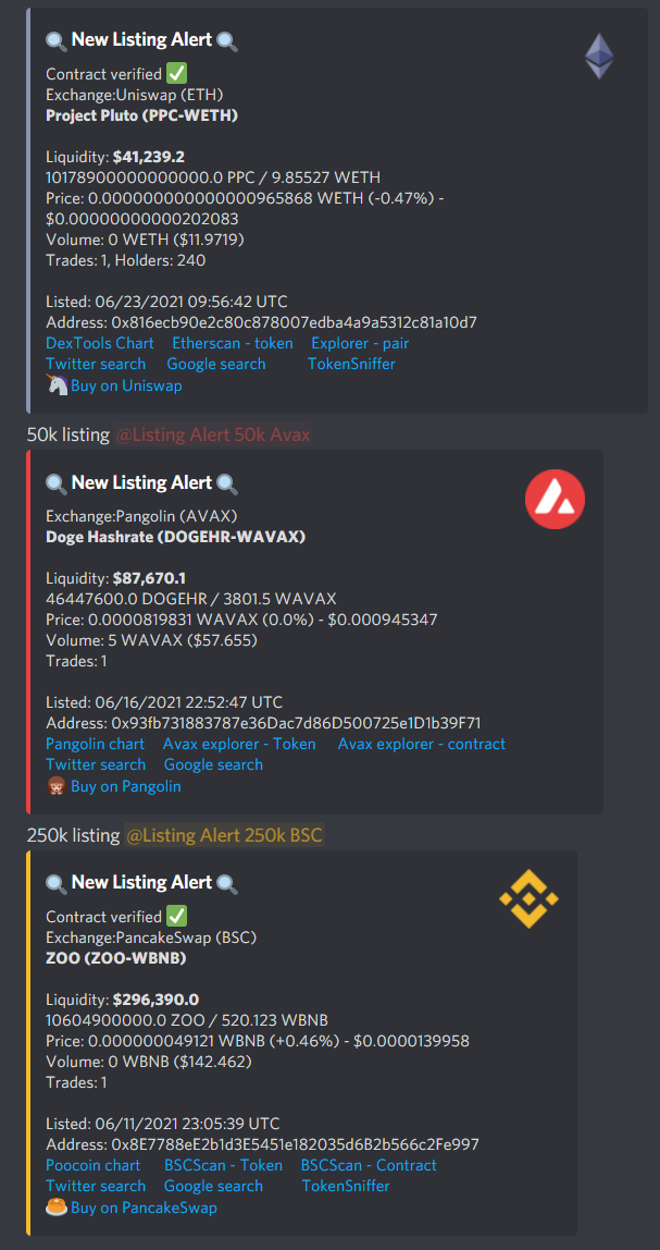 Screenshot of token listing alerts.