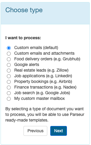 select your Parseur mailbox type for salesforce