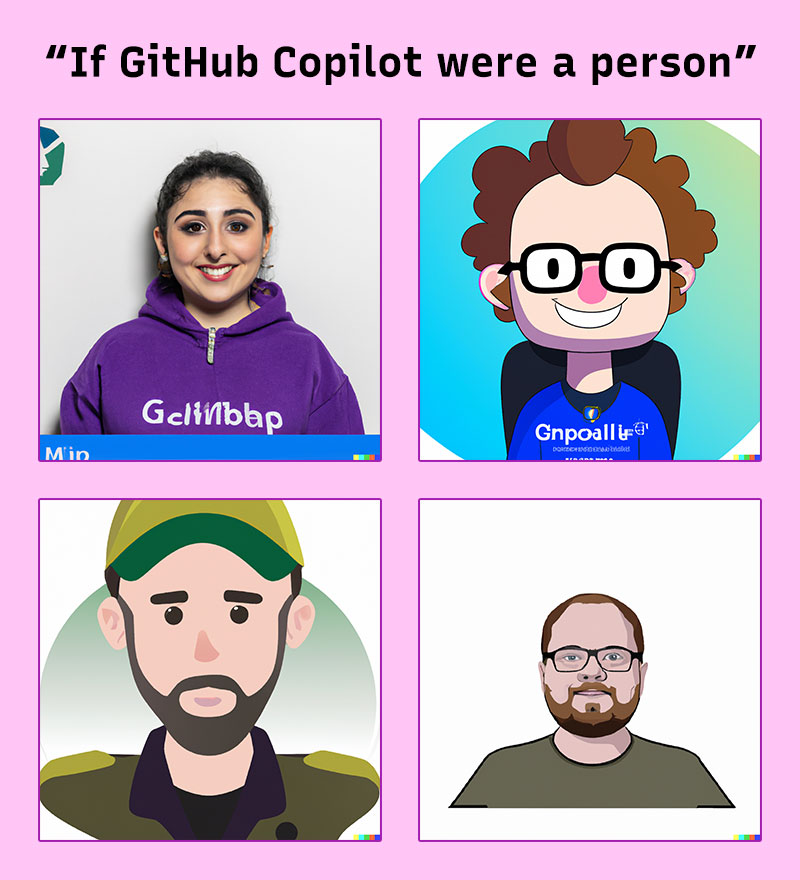 Four different AI generated images that were created under the prompt “If GitHub CoPilot were a person”. The first image is a realistic women smiling while wearing a sweatshirt, the second image is a cartoon of a boy with glasses smiling, the third image is a cartoon of a man with a baseball cap and a beard, and the fourth image is of a balding man with glasses and a beard.