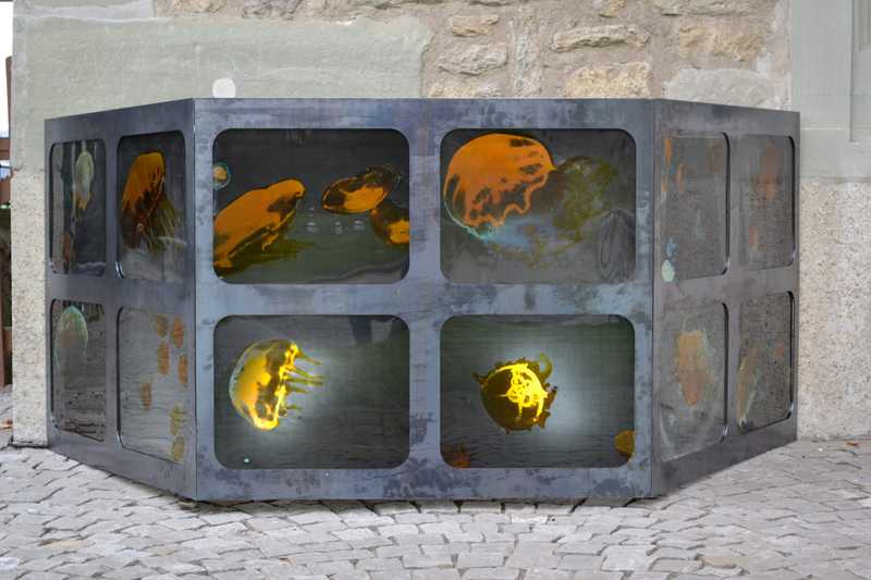 <p>Quallen-Brunnen mit Siebdruck und Silbergelb auf Glas – Ausstellung Romont Glas und Architektur 2012</p>

