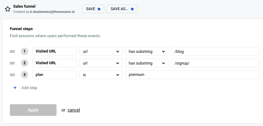Funnel steps LiveSession funnels
