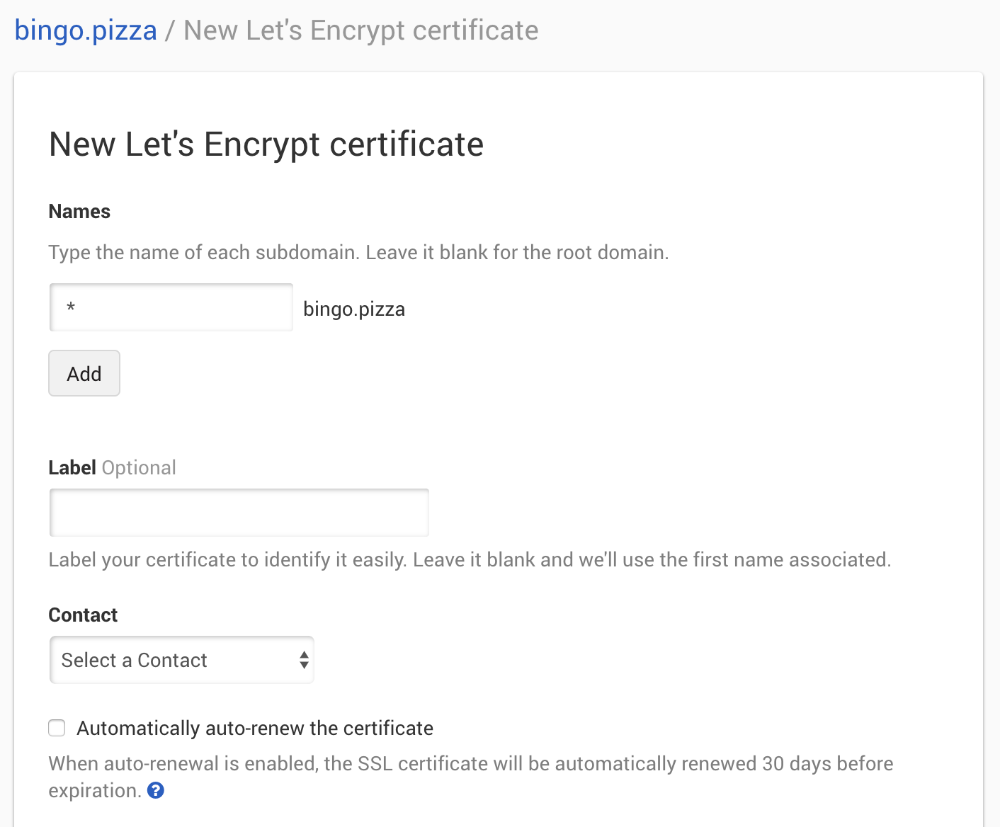 Order overview for Let's Encrypt wildcard certificate