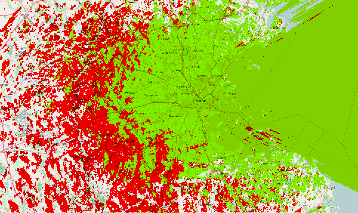 FM translator interference map with interference in red and coverage in green.