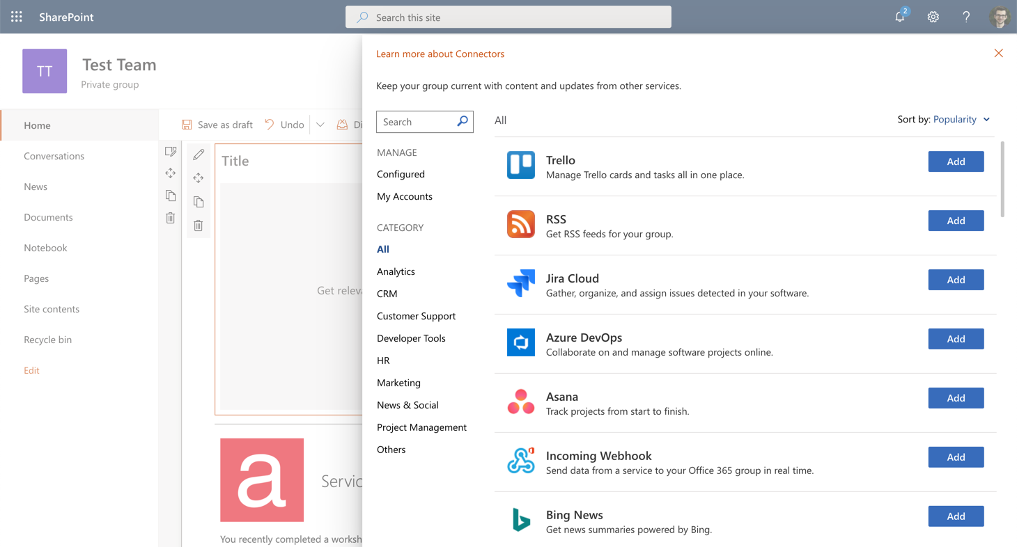 List of available Connectors for the Office 365 Connectors web part