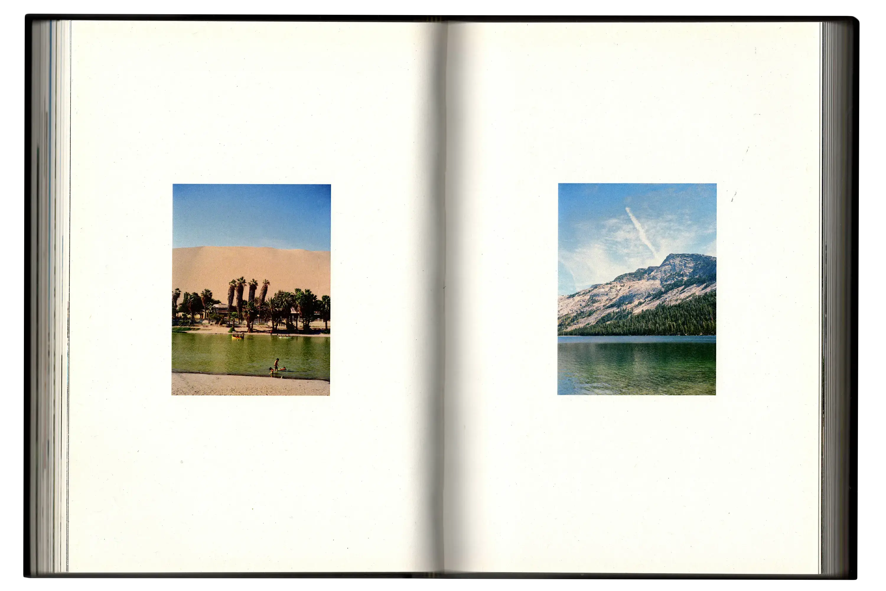 Imperfect Photo Book - left page image of desert oasis, right page image of mountains in distance, forest and body of water