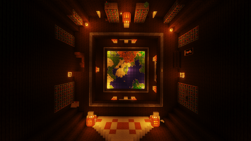 Asynchrony Gameplay: Looking down from the top of a symetrical, dimly lit library with a word map in the centre.
