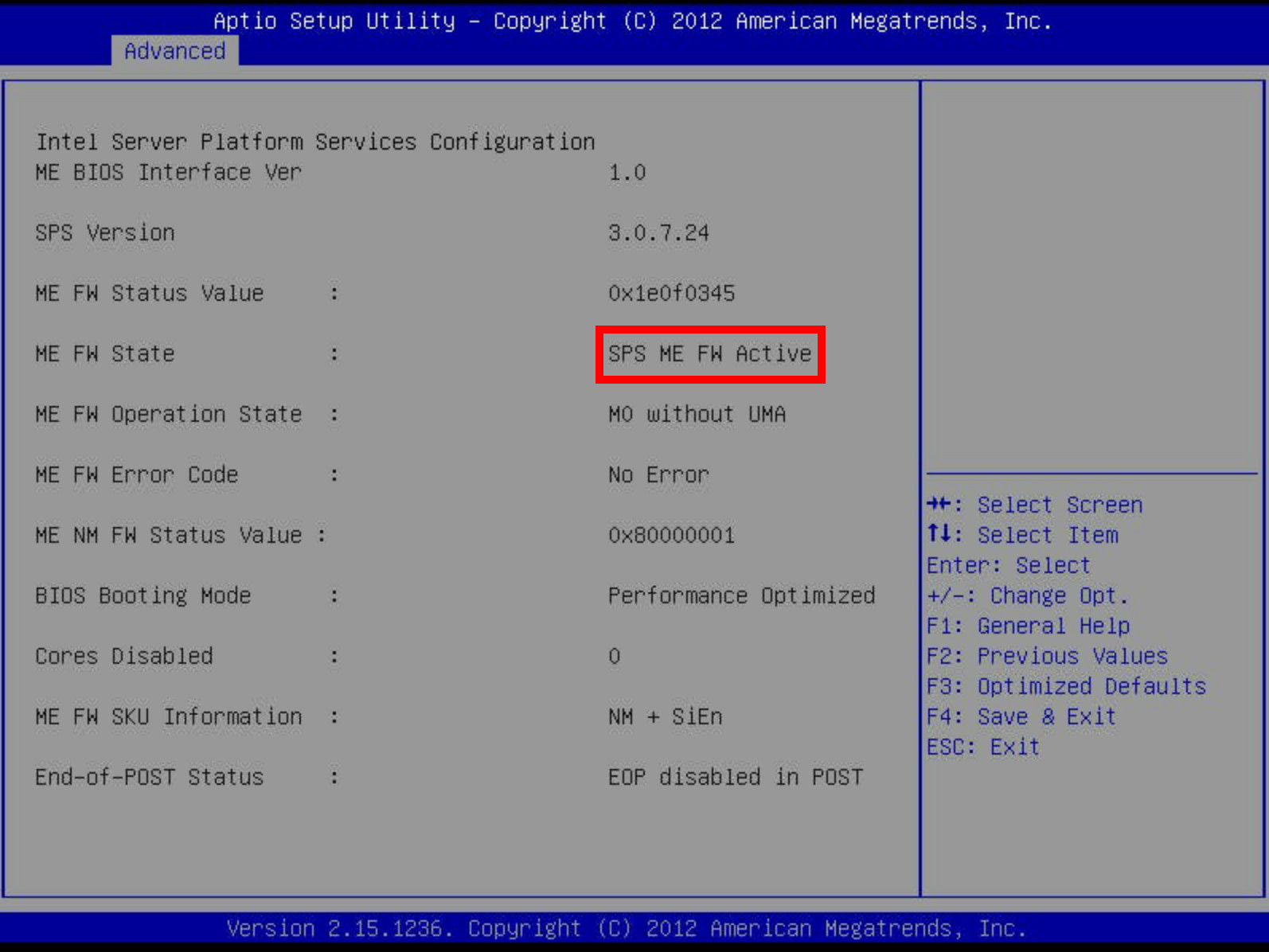 Screenshot of the Supermicro BIOS, showing that the Management Engine is operating normally.