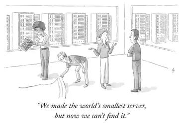 A cartoon-style illustration. 4 co-workers are searching for something in a data center server room. The caption reads: We made the world's smallest server, but now we can't find it.