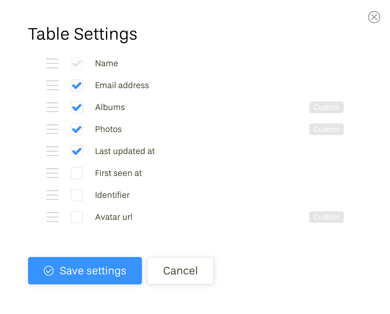 Screenshot showing Userlist's table settings