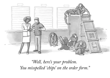 A cartoon-style illustration of two engineers looking at a clipboard. Behind them is an open crate, with Chimps sitting on and around it. The caption reads: Heres the problem, you mis-spelt chips on the order form.