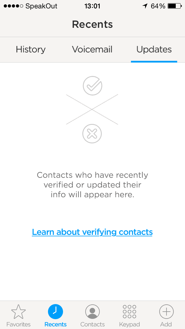 Screenshot of No recently updated or verified contacts