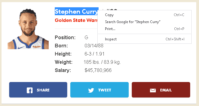 'Inspect' Stephen Curry Basic Information