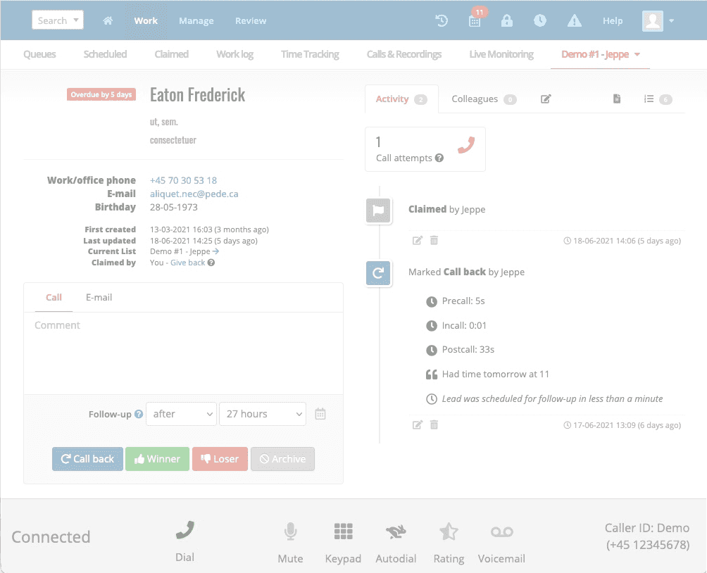 The Power Dialer at the bottom of the browser window