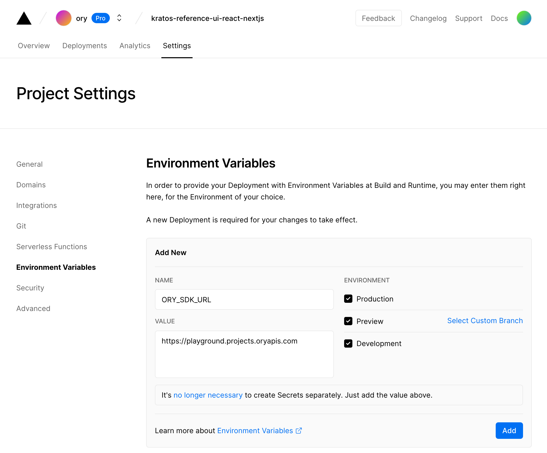 Add Ory Cloud SDK URL to Vercel