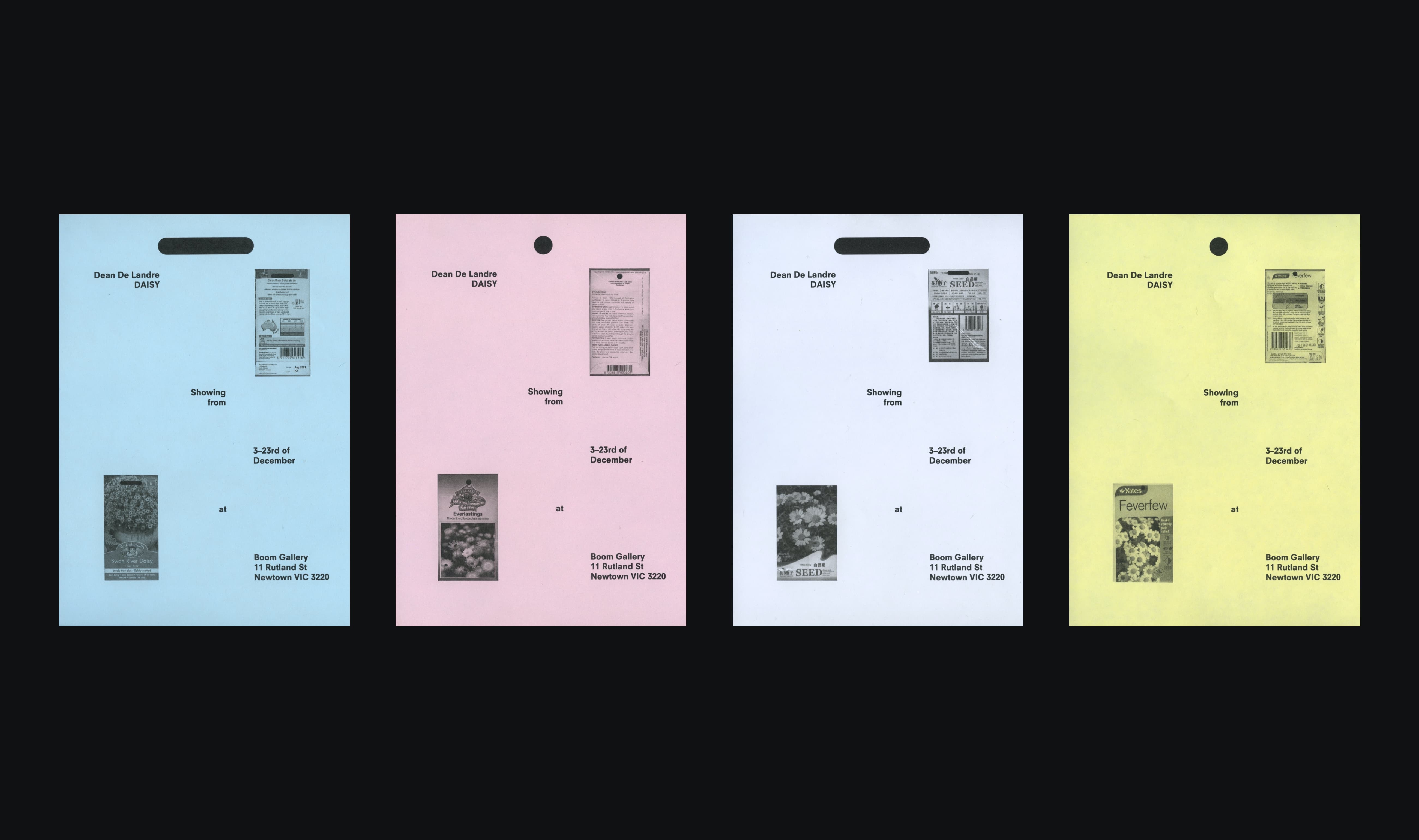 A selection of exhibition flyers for artist Dean De Landre.