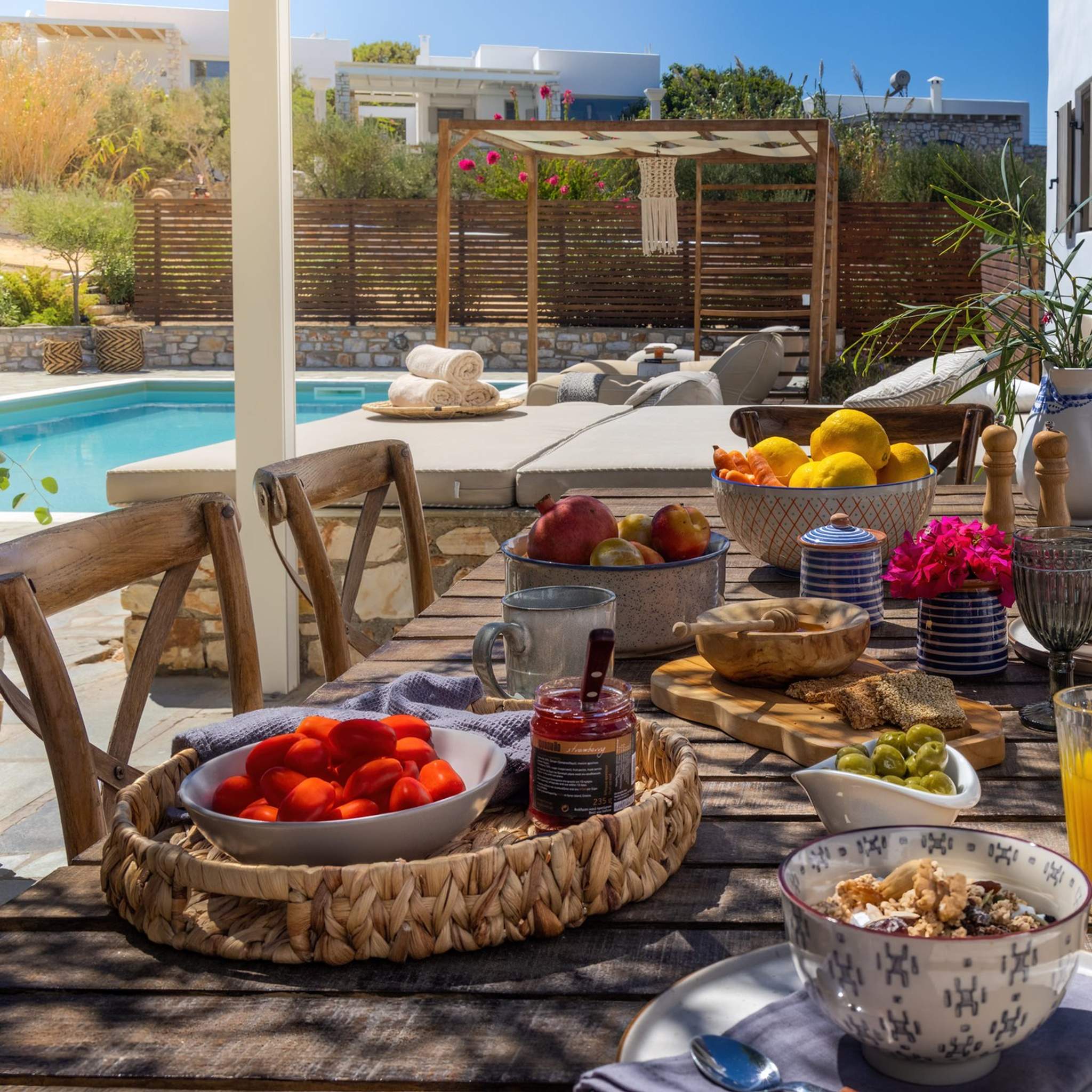 Aiolos. Rise and shine to a picture-perfect morning! Start your day with a delectable breakfast by the pool, where the sun's golden rays dance upon the water's surface. Savor each bite as you soak in the warmth and serenity of this blissful paradise. 💫
.
#amalgamhomes #artofcomfort #greece #visitgreece #greekislands #cyclades #greekislands #paros #naxos #mykonos #tinos #ampelas #kastraki #triantaros #travel #wanderlust #greeksummer #discovergreece