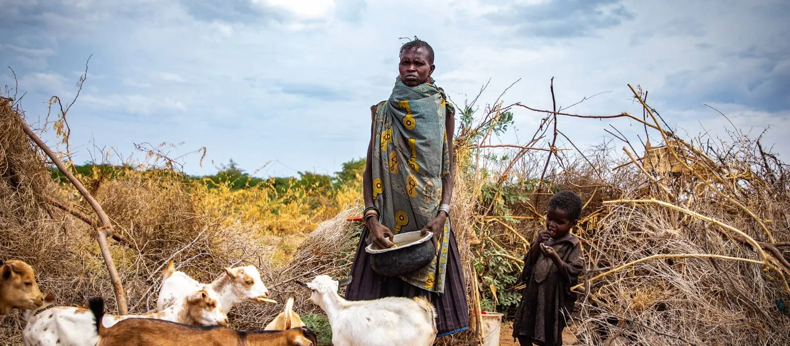 Ng’ikario Ekiru with the last of her goat herd outside their home in Turkana, northern Kenya. She is feeding her family with wild desert fruit and roasted animal hides as the area experiences the second drought in three years.
