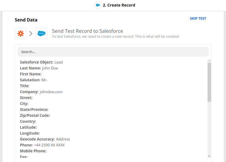 Send test from Zapier to Salesforce