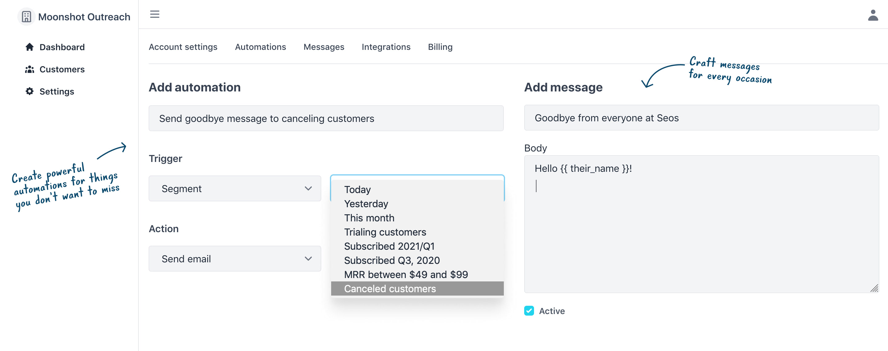 Preview of the automation and messages create pages