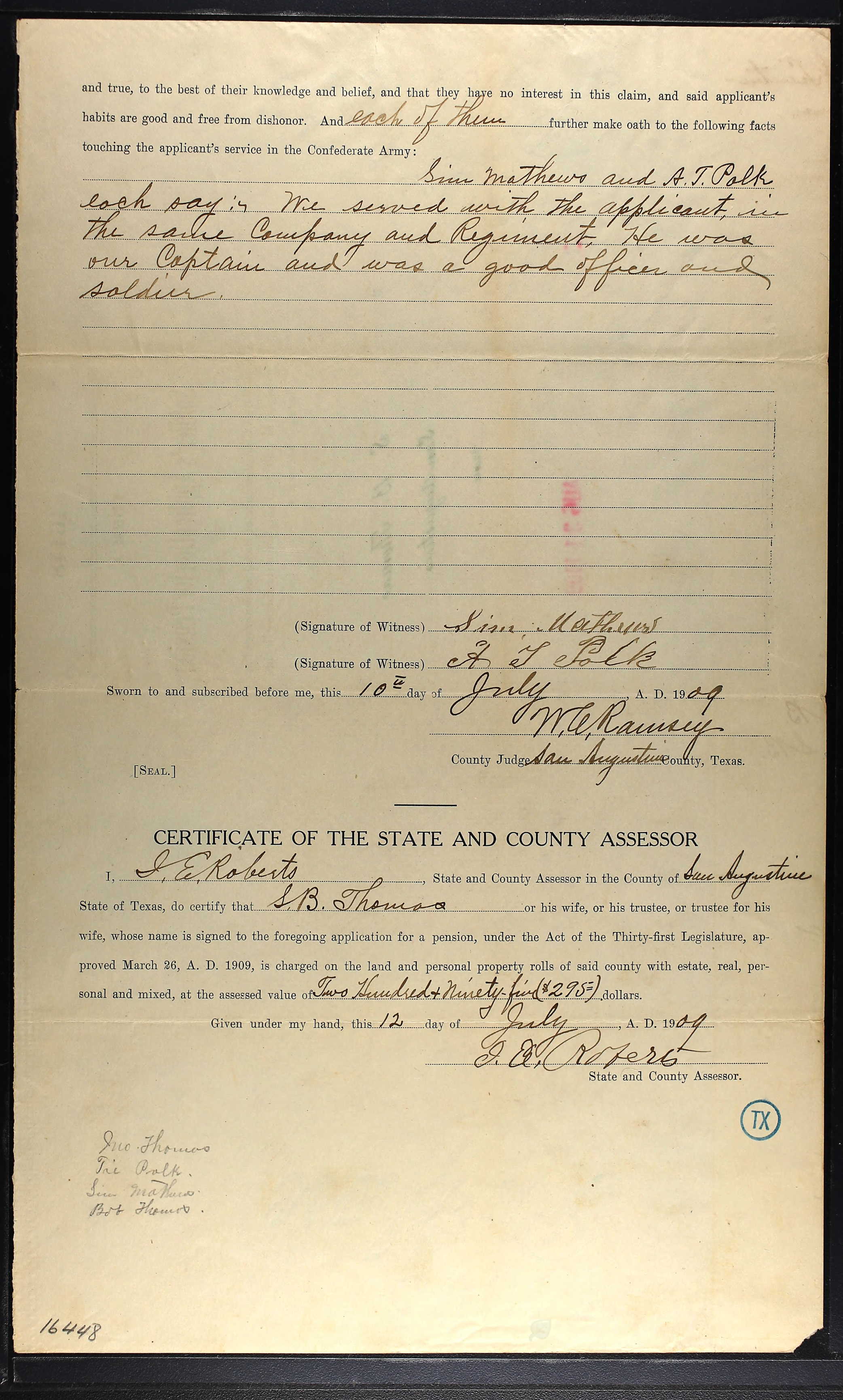 Samuel Brown Thomas's civil war pension application.