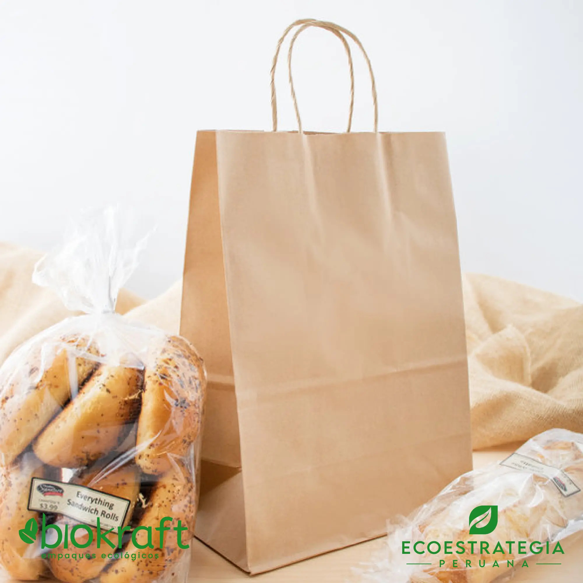 Esta bolsa de papel Kraft tiene un grosor de 125gr y un peso de 80gr. Bolsas biodegradables y ecológicas reutilizables y personalizadas. Ideal para delivery